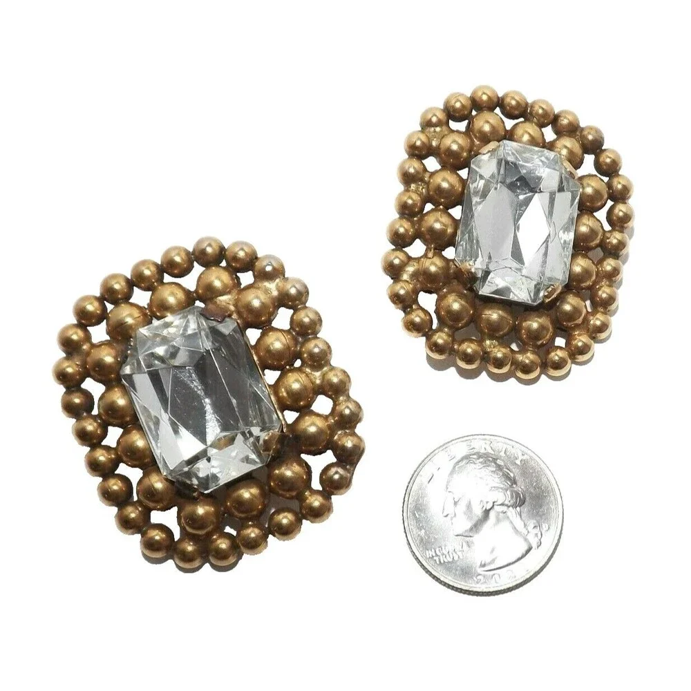 Vintage 80s Earrings Facet Stone Mogul Chunky Statement Clip On Gold tone